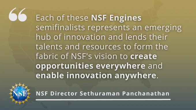 Quote graphic from NSF Director Sethuraman Panchanathan: "Each of these NSF Engines semifinalists represents an emerging hub of innovation and lends their talents and resources to form the fabric of NSF's vision to create opportunities everywhere and enable innovation anywhere."