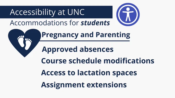 Navy blue and white color scheme. Graphics include baby feet in front of a navy blue heart and universal accessibility icon. Text reads, “accessibility at UNC..accommodations for students..pregnancy and parenting..approved absences, course schedule modifications, access to lactation spaces, assignment extensions”.