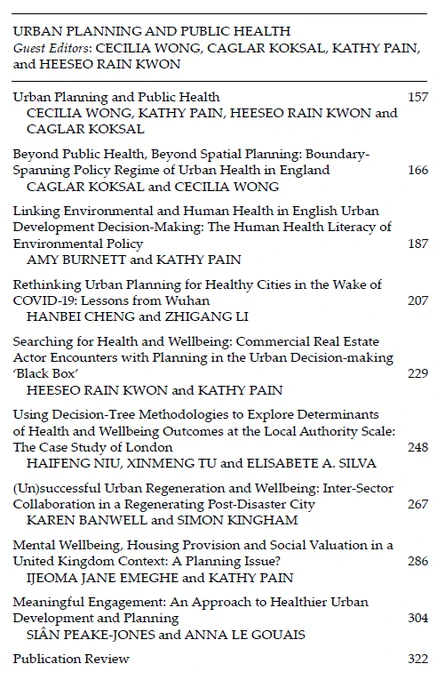 Contents listing for Built Environment journal vol. 49 no.2, 'URBAN PLANNING AND PUBLIC HEALTH.  
Guest Editors: Cecilia Wong, Kathy Pain, Heeseo Rain Kwon & Caglar Koksal