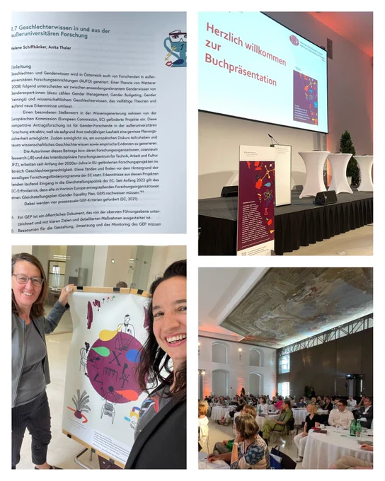 Collage of 4 photos: photo of the first page of Helene‘s and Anita‘s book chapter (in German), the two authors smiling, the book presentation panel, the audience seated on round tables.