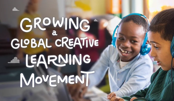 Photo of two young children working together on a computer. Text reads: Growing a Global Creative Learning Movement, Scratch Foundation, 2022 Annual Report 