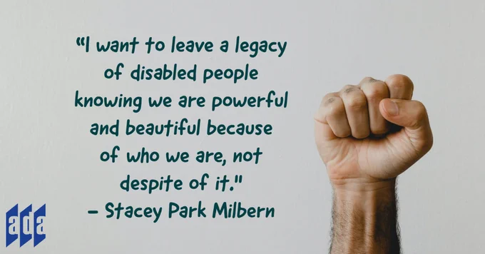 A white background with a medium-skinned person raising their fist. Overlaid is the quote from the post. The ADA National Network blue doors logo is in the bottom left corner.