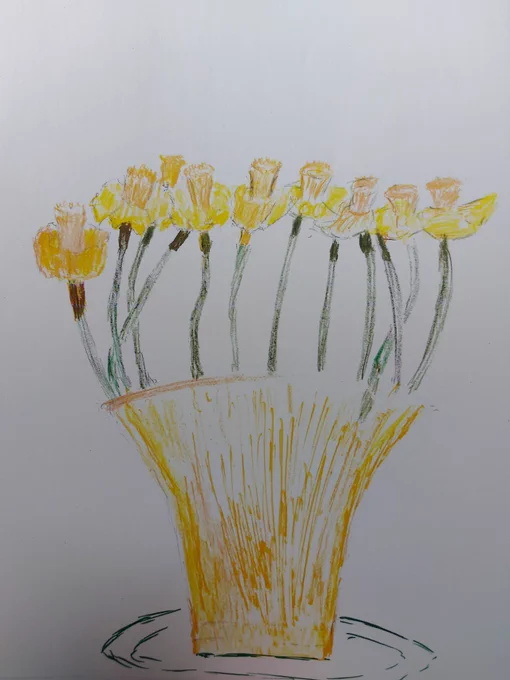 Artwork by John which shows an illustration of bright yellow daffodils in a yellow vase
