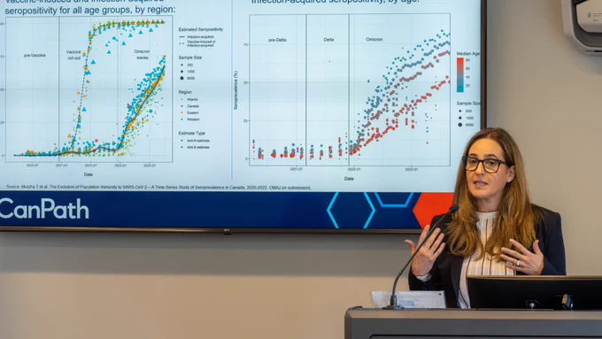 Dr. Victoria Kirsh presenting SARS-CoV-2 seroprevalence findings.