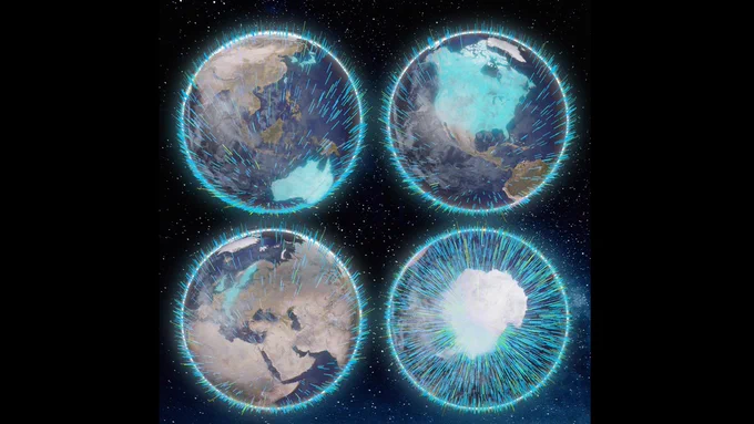 A view of four globes with blue lines shooting down on Earth