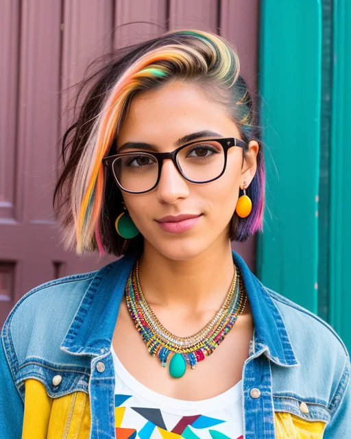 young adult, short-haired androgynous woman wearing black glasses and very little makeup, with multicolored hair, clothing, and jewelry who is looking straight into the camera with a small, mysterious smile