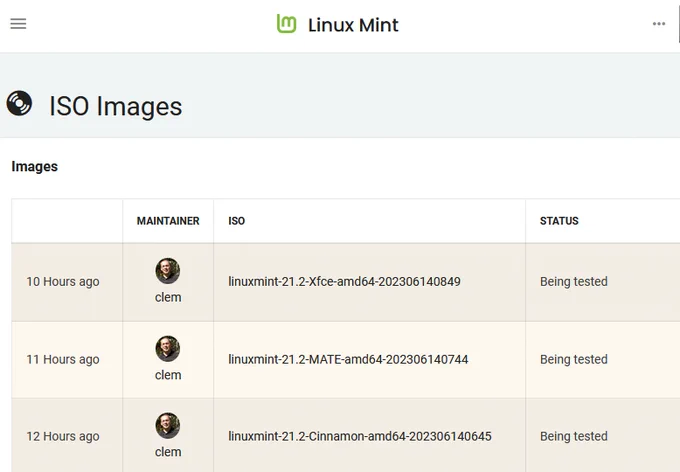 The Linux Mint ISO Images testing site with the Xfce, MATE and Cinnamon ISOs all with a status of "Being tested"