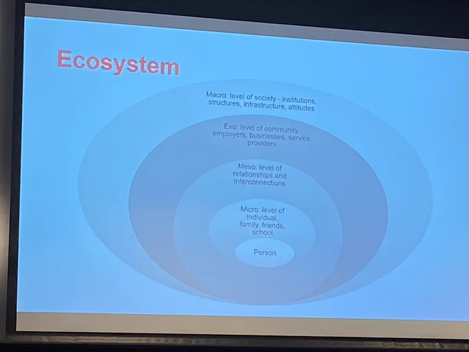 Diagram labelled Ecosystem, showing 5 horizontally oriented ovals sitting inside each other from largest to smallest