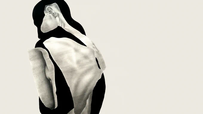 A collage outline of a person's upper body. A black silhouette with sections of a charcoal drawing of a woman's body laid over the top. An off-white background.