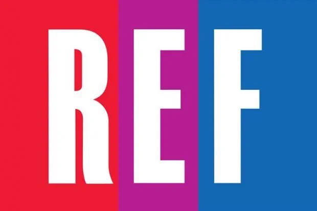 The letters REF sit on a background of three bands of colour (red, purple and blue), for the 2028 Research Excellence Framework