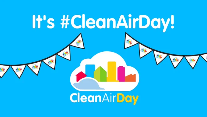 Infographic for Clean Air Day, with the text “It’s #CleanAirDay!” over a blue background.
