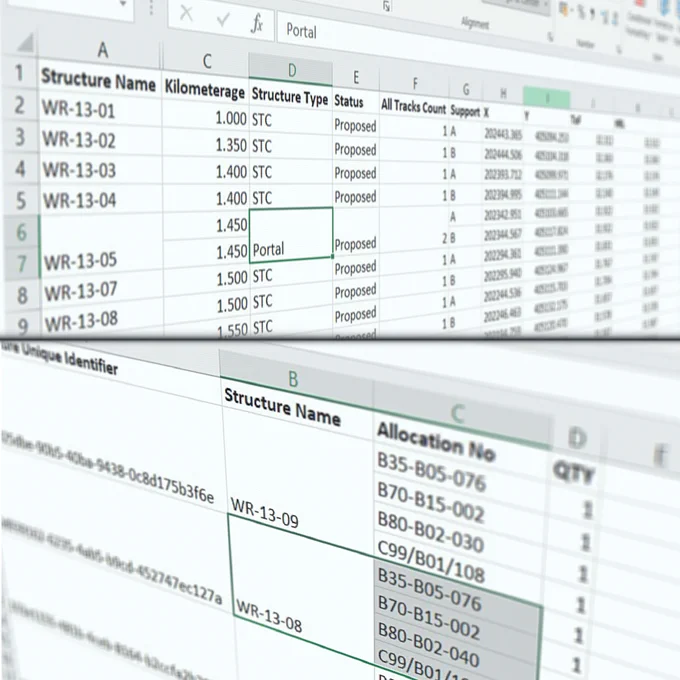Two examples of the exportable Excel reports Lineardraft can generate from your model. The top example is a structure details report, the bottom example is a bill of quantities or per allocation report.