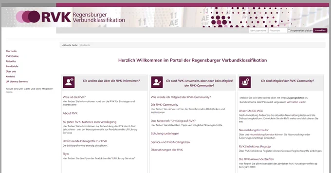 Der Screenshot zeigt die Startseite der RVK - Regensburger Verbundklassifikation im neuen Design. Neues Logo, neue Farben und Schriftart im abgestimmten Design der UR Library Services!