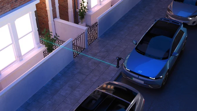 Artist's depiction of Trojan AON charger for electric vehicles without driveways.