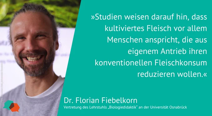 Links ein Bild von Dr. Florian Fiebelkorn, rechts sein Zitat: "Studien weisen darauf hin, dass kultiviertes Fleisch vor allem Menschen anspricht, die aus eigenem Antrieb ihren konventionellen Fleischkonsum reduzieren wollen." / Foto: Sebastian Holt, Universität Osnabrück