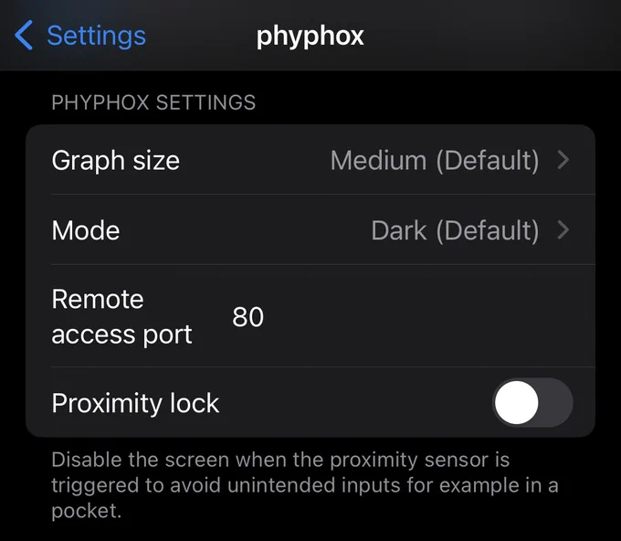 Screenshot of an excerpt of the phyphox settings with “Graph size” on “Medium (Default)” and “Mode” on “Dark (Default)”