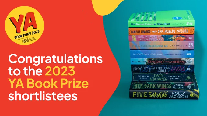 A half red half blue asset. On the red side, white and yellow text reads: Congratulations to the 2023 YA Book Prize shortlistees. On the blue side is a stack of the shortlisted books