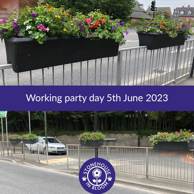 Large barrier planters full of mixed planting on railings along Bristol Road Stonehouse