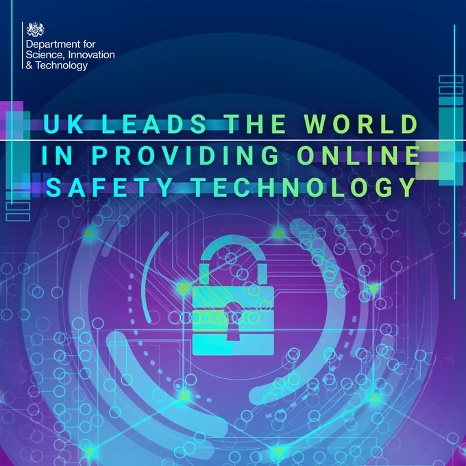 Text reads 'UK leads the world in providing online safety technology.' The background is a purple and turquoise padlock in a cyber style.