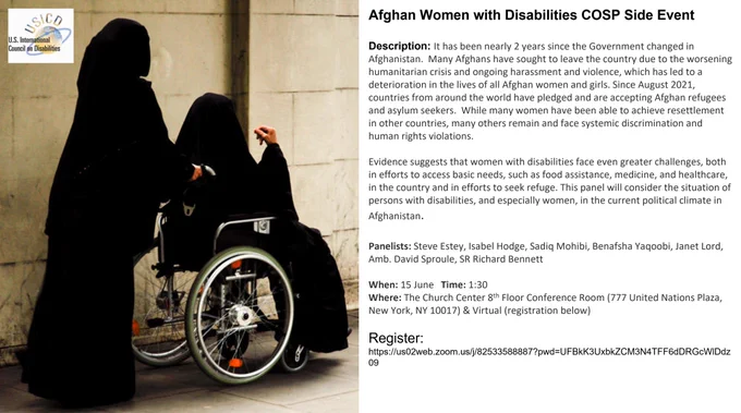 A flyer with an image of 2 Afghan Women wearing burqas. One woman is pushing the other in a wheelchair.
