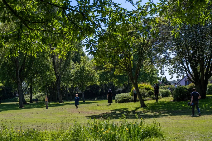 A group of people stand in a field surrounded by trees