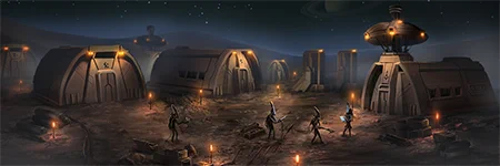 a collection of temporary shelters in a barren landscape, with some aliens walking around