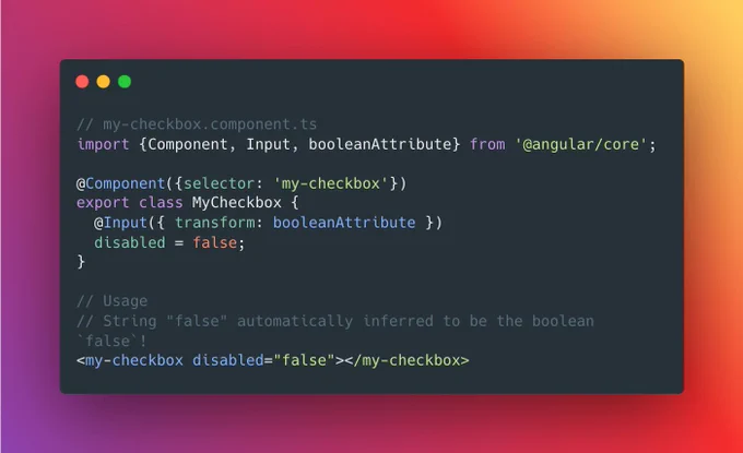 A code snippet demonstrating the ability to transform input values in Angular version 16.1.