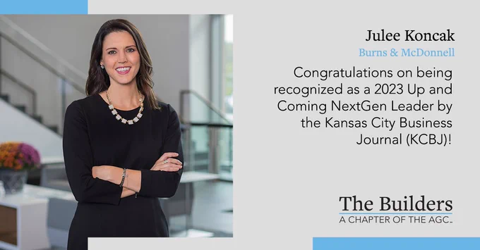 Infographic congratulating Julee Koncak on being named a 2023 Up and Coming NextGen Leader by the KCBJ and an image of Julee.