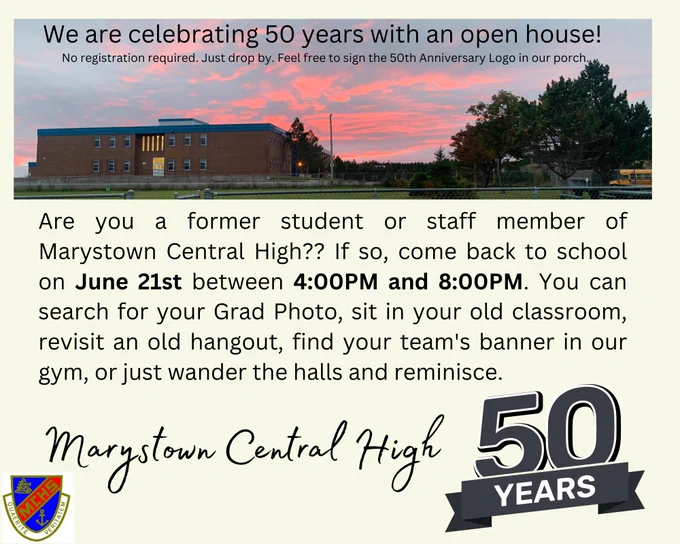 An invitation to former students and staff members of MCHS for an open house event on June 21st 4:00-8:00PM. Imagine shows the school, the school crest along with date and time information.