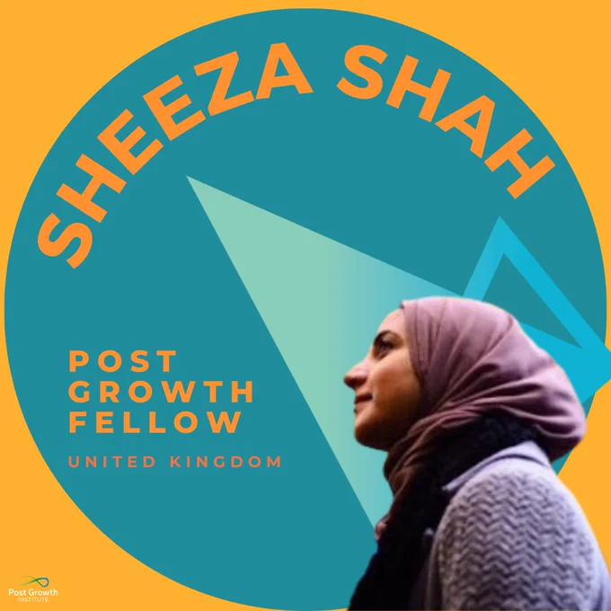 A yellow golden background with teal round shape framing the profile picture of a Muslim woman and orange text reading: "Sheeza Shah, Post Growth Fellow, United Kingdom." The PGI logo sits in the bottom left corner.