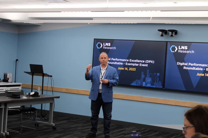 LNS Research Analyst James Wells presenting on Digital Performance Excellence at the LNS Research Exemplar Event on June 13-14, 2023.