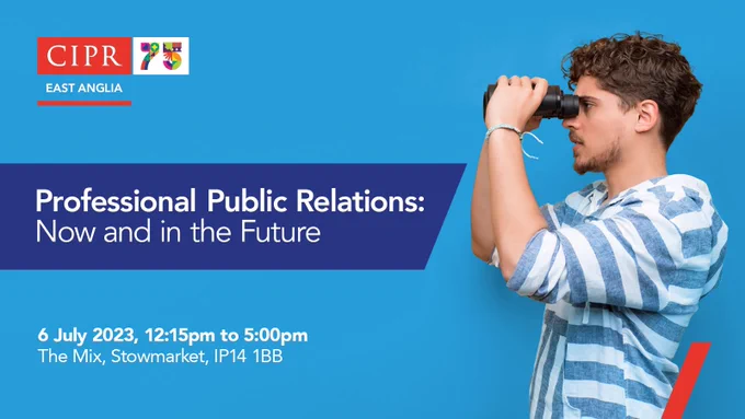 A young man in a blue and white stripey top looking left through a pair of binoculars. Text Reese professional public relations now and in the future 6th of July 2023, 12:15 pm to 5 pm the mix Stowmarket IP14 1BB