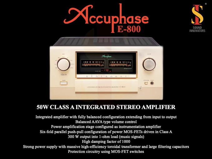 Accuphase E-800
50 W at 8Ω CLASS A Integrated Amplifiers
The Accuphase E-800 is positioned above the Accuphase E-650 as the new flagship model in the integrated amplifier lineup of Accuphase. The preamplifier section features the impeccable Balanced AAVA-type volume control, while the power amplifier section is configured as an instrumentation amplifier using a six-fold parallel push-pull configuration of power MOS-FETs driven in pure Class A.