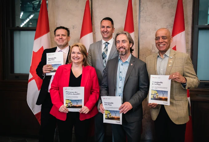 Photo of Larry Rousseau from CLC, Steven Schuman from IOUE, Bea Bruske from CLC, Matt Wayland from IBEW, Gavin McGarrigle from Unifor.
