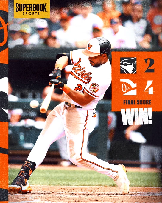 Orioles win!!

FINAL SCORE:
Blue Jays - 2
Orioles - 4

The photo features Santander making contact with a baseball with his bat. He is wearing a white Orioles jersey.