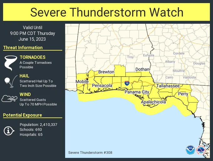 This graphic displays Severe Thunderstorm watch number 308 plotted on a map. The watch is in effect until 9:00 PM CDT. The watch includes parts of Alabama and Florida. The threats associated with this watch are a couple tornadoes possible, scattered hail up to two inch size possible and scattered gusts up to 70 mph possible. There are 2,410,337 people in the watch along with 693 schools and 65 hospitals.