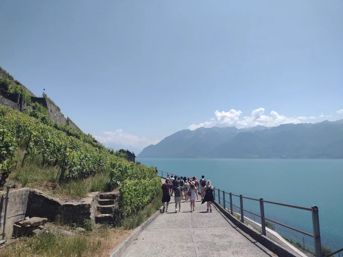 University of Gloucestershire students eating along the Lavaux vineyards