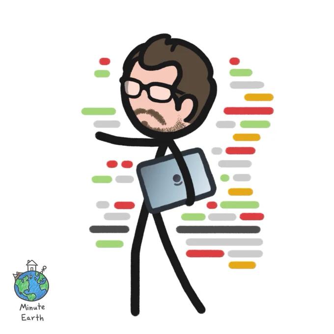 A stick figure drawing of me holding a laptop with a white background and artistic colored lines around me.