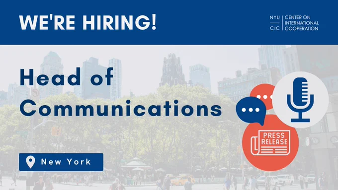 Text reads: "We're Hiring, Head of Communications," with three icons - speech bubble, microphone, and a press release document. At the bottom is a location icon next to "New York" in a blue rectangle box.