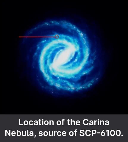 An image depicting the Milky Way Galaxy and an arrow pointing to a spot within it, captioned "Location of the Carina Nebula, source of SCP-6100."