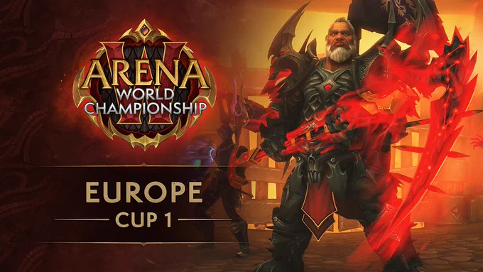 An image promoting Cup 1 of the Arena World Championship for Europe. 

A modified version of the Arena World Championship logo appears on the left of the image, above text reading “Europe - Cup 1”. The logo is themed after the Embers of Neltharion patch, with a large red ‘W’ appearing over top black dragonscales and a red border outlined by a golden metal. The text ‘Arena World Championship’ is prominently centered in the logo.

To the right of the logo and text, a Kul Tiran is poised boldly in red and black mail armor. The Kul Tiran wield a large black scythe with a starry crimson pattern that glows bright red.
