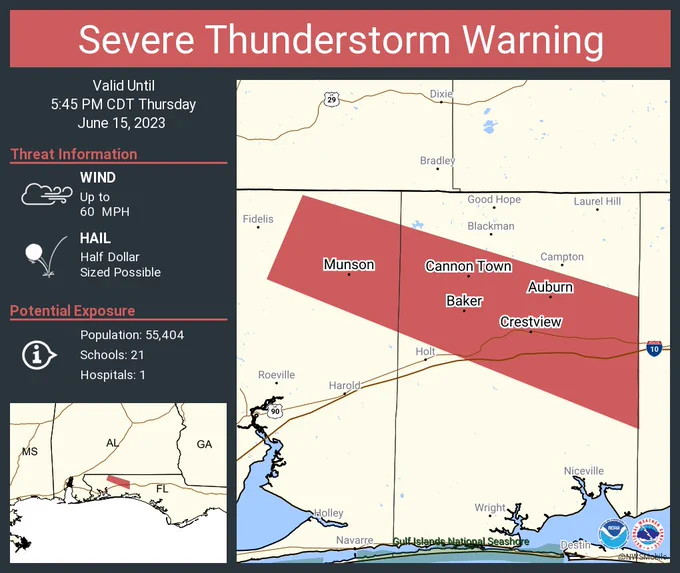 This graphic displays a severe thunderstorm warning plotted on a map. The warning is in effect until 5:45 PM CDT. The warning includes Crestview FL, Munson FL and Cannon Town FL.  This warning is for Central Okaloosa County in northwestern Florida and Northeastern Santa Rosa County in northwestern Florida. The threats associated with this warning are wind gusts up to 60 MPH and half dollar sized hail. There are 55,404 people in the warning along with 21 schools and 1 hospital.