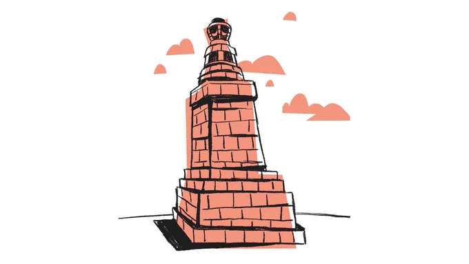 A black line illustration of Dundee Law, block-coloured in peach with peach clouds behind it.