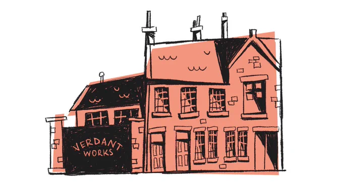 A black line illustration of Verdant Works, block-coloured in peach.