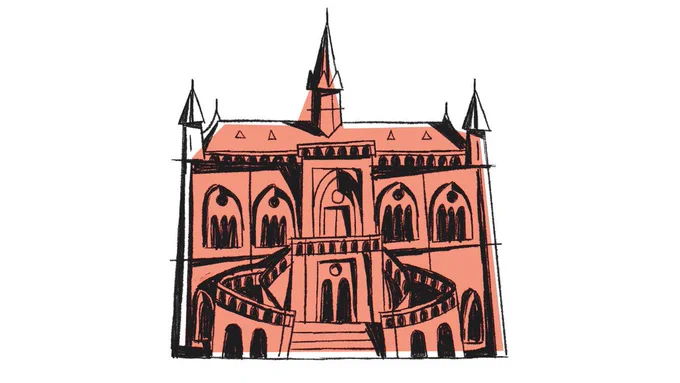 A black line illustration of the McManus Museum & Gallery, block-coloured in peach.