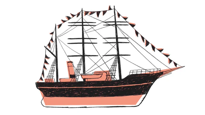 A black line illustration of the RRS Discovery, block-coloured in peach.