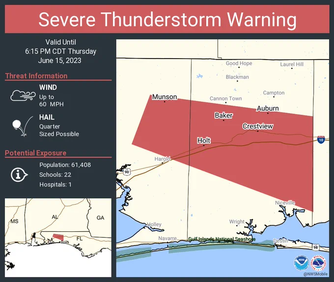 This graphic displays a severe thunderstorm warning plotted on a map. The warning is in effect until 6:15 PM CDT. The warning includes Crestview FL, Munson FL and Baker FL.  This warning is for Central Okaloosa County in northwestern Florida and Northeastern Santa Rosa County in northwestern Florida. The threats associated with this warning are wind gusts up to 60 MPH and quarter sized hail. There are 61,408 people in the warning along with 22 schools and 1 hospital.