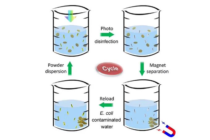 Illustration of the process of the disinfectant powder. Disinfectant powder is stirred in bacteria-contaminated water. The mixture is exposed to sunlight, which rapidly kills the bacteria. A magnet collects the metallic powder after disinfection. The powder is then reloaded into another beaker of contaminated water, and the disinfection process is repeated.

