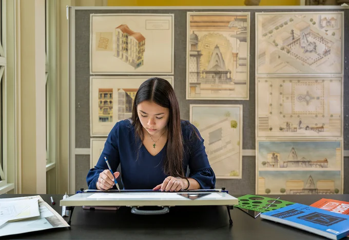 Emily Fuchs at Walsh Family Hall, School of Architecture - (Photo by Barbara Johnston/University of Notre Dame)