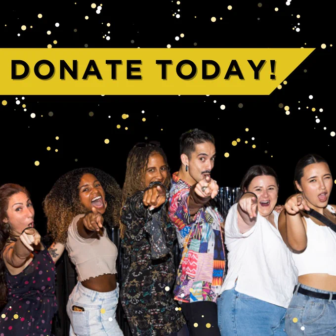 Cat, Tina, Cayce, Gerard, Peta and Zoe posing against a black and gold background